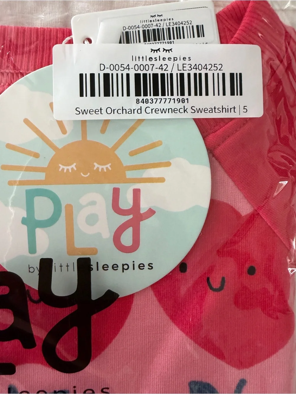 NIB Little Sleepies PLAY Pink & Red Sweet Orchard Apple Crewneck Sweatshirt